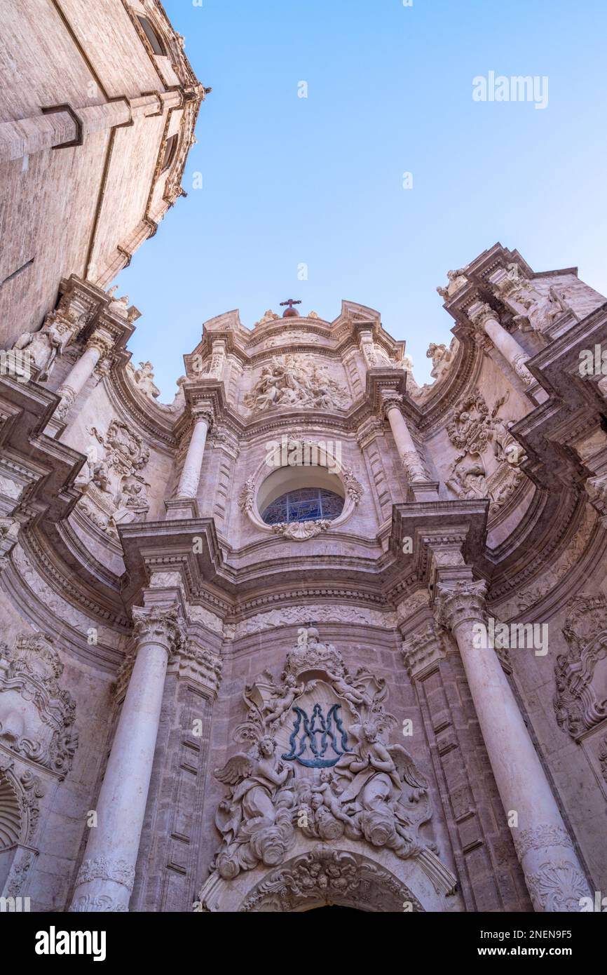 Valencia - il portale barocco della Cattedrale - Basilica dell'Assunzione di nostra Signora di Valencia progettato dall'architetto Antoni Gilabert Fornes dal 18. Foto Stock