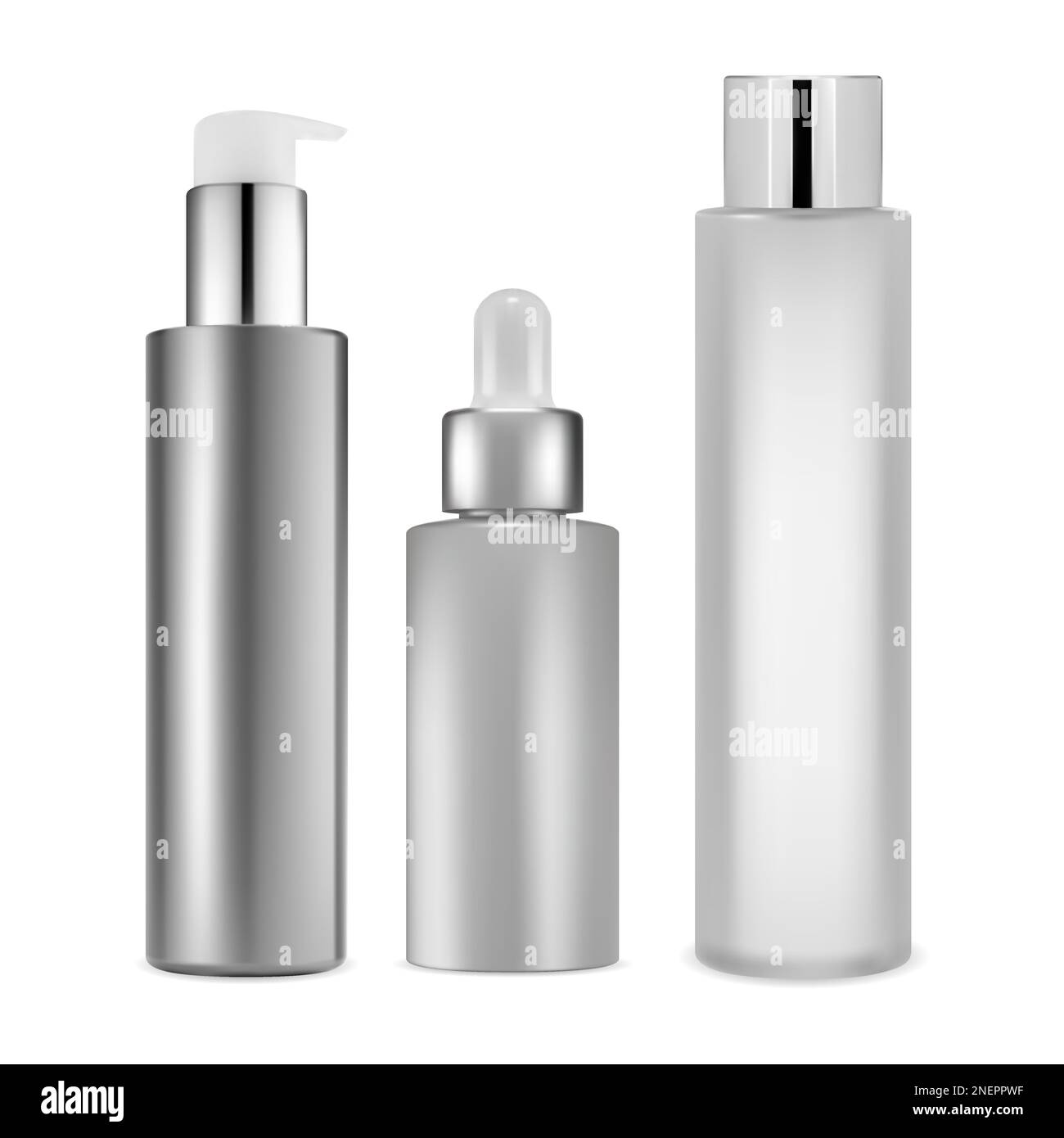 Realistico mockup per bottiglie cosmetiche. Dispenser a pompa vuoto per crema, sapone o gel. Design del contenitore per contagocce per siero, set per la raccolta della pelle. Bottiglia di shampoo Illustrazione Vettoriale