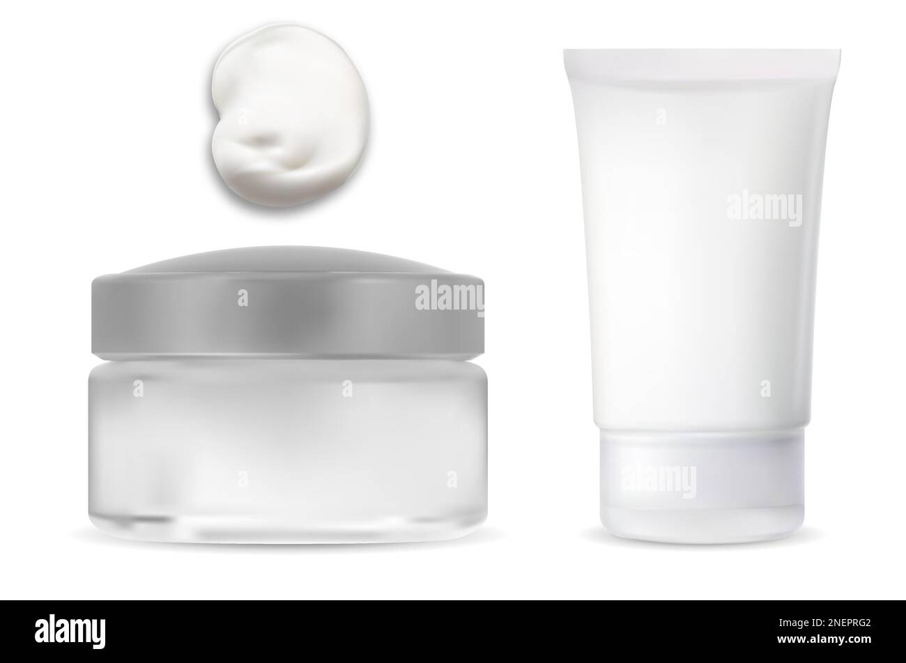 Contenitore per prodotti cosmetici in crema. Vaso in vetro con coperchio in plastica, confezione bianca. Modello per tubo crema di base, confezione di umidità realistica. Crema prodotto Illustrazione Vettoriale