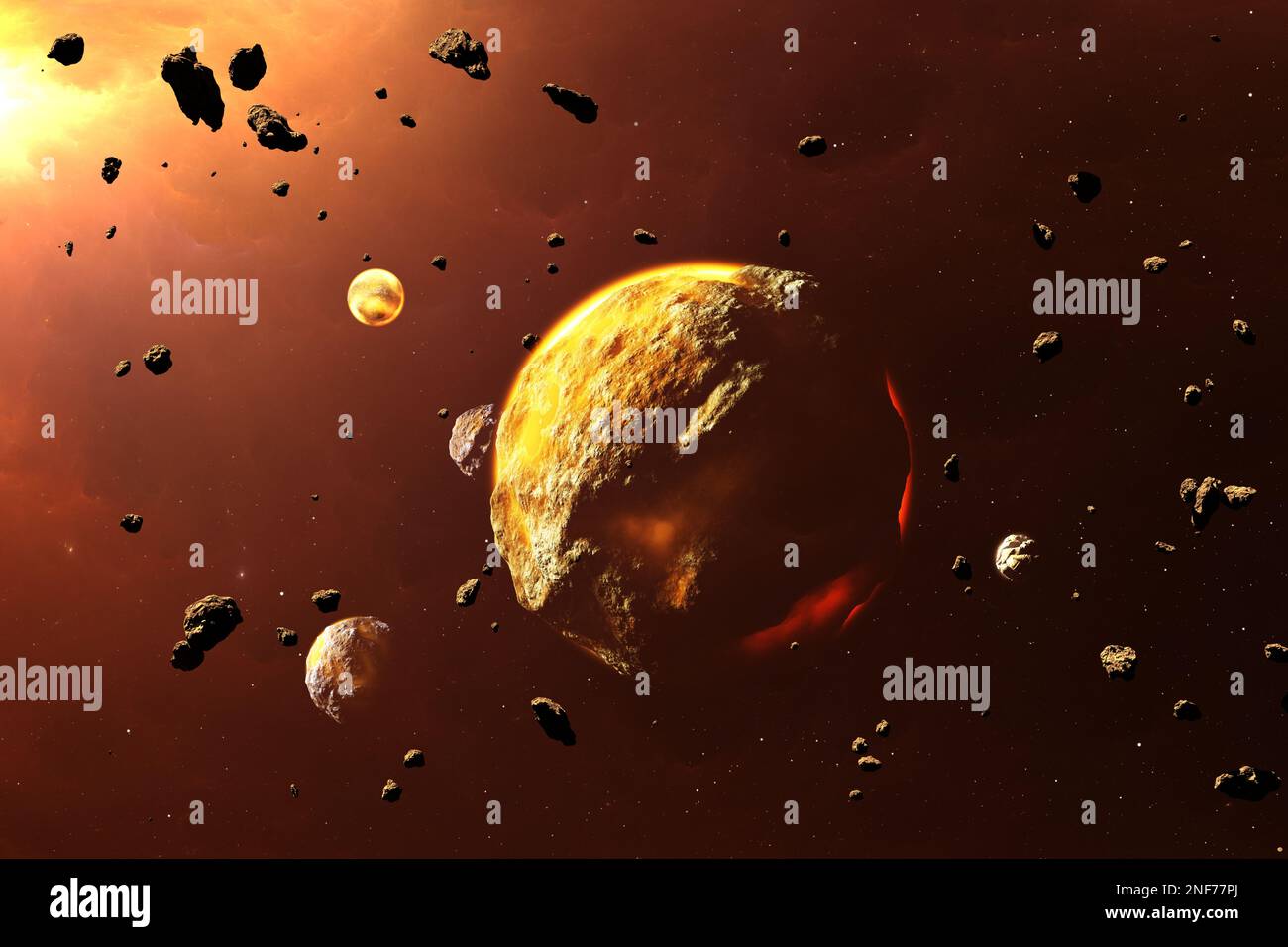 Protoplanets di nuova formazione, planetesimals. Evoluzione dal processo di accrescimento. illustrazione 3d Foto Stock