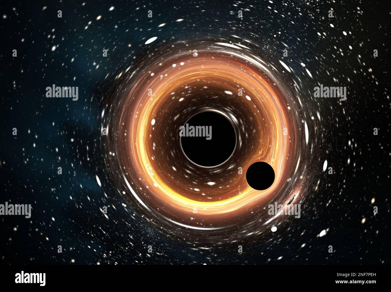 Piccolo buco nero orbitante intorno al buco nero supermassivo. Effetto di lensing gravitazionale. Illustrazione 3D Foto Stock