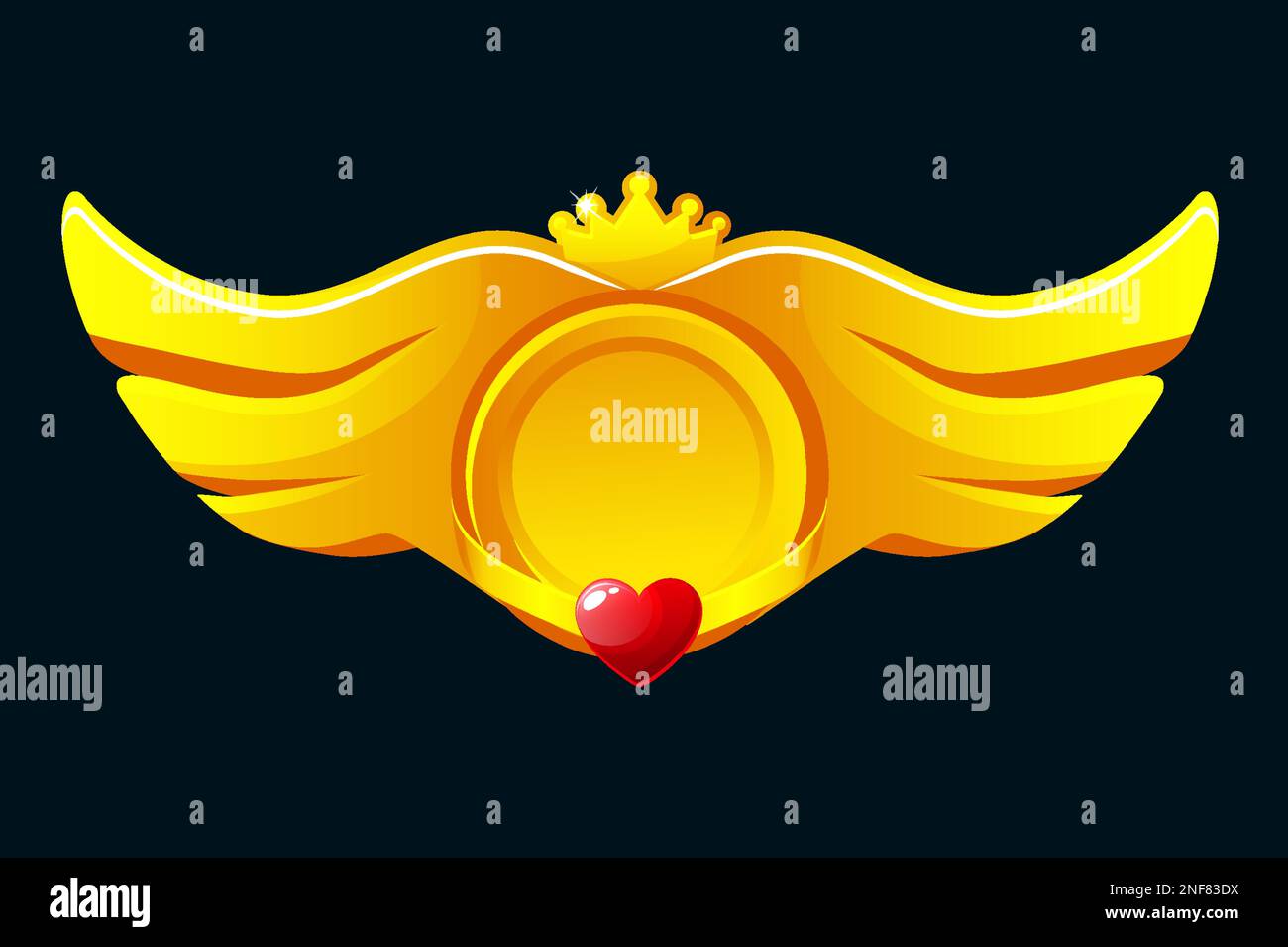 Pulsante dei distintivi del gioco in cornice circolare con ali e corona Illustrazione Vettoriale