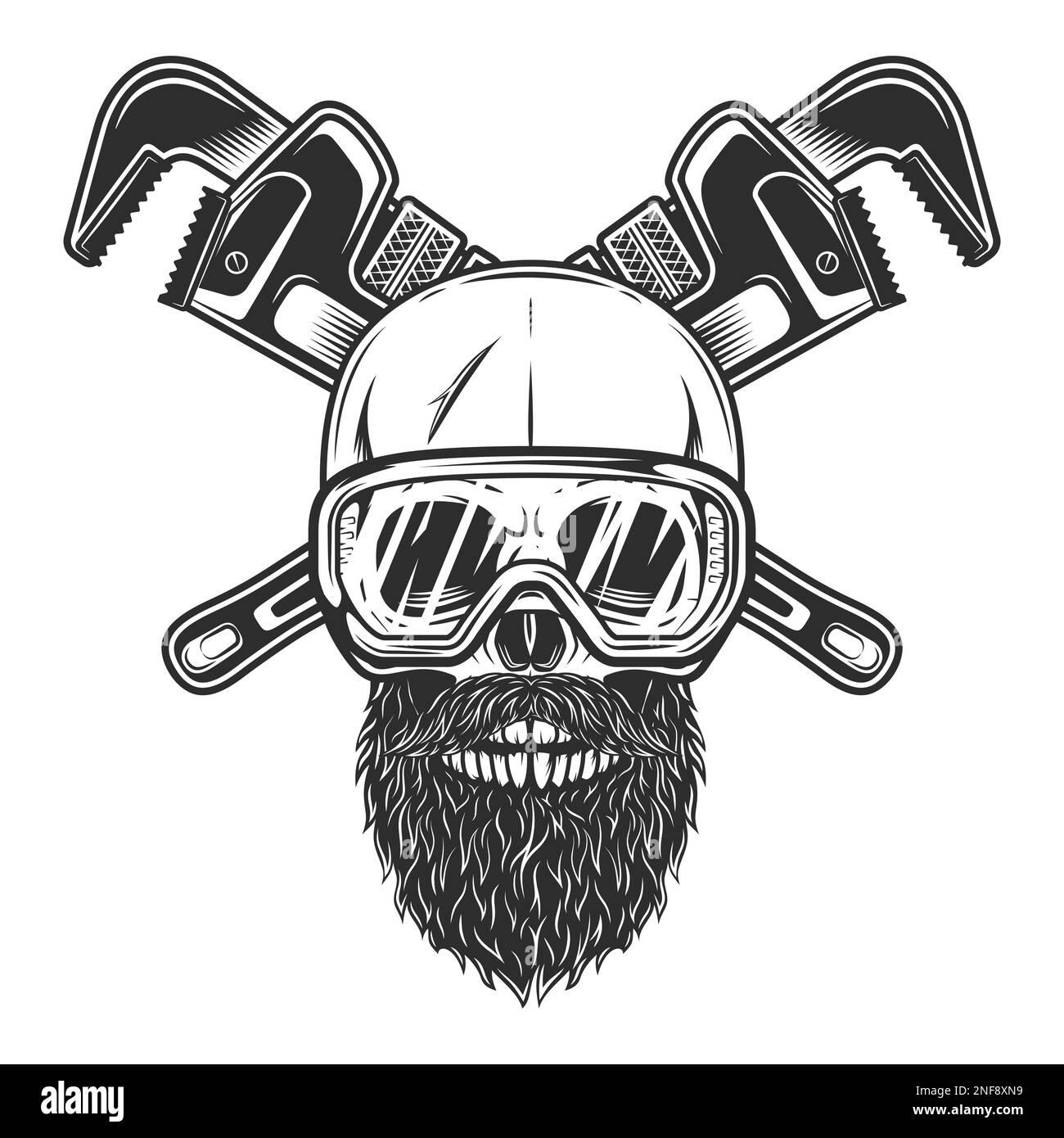 Cranio in occhiali di sicurezza con baffi e barba con chiave da costruzione per gas e builder tubature o carrozzeria utensile meccanico di riparazione chiavi Foto Stock