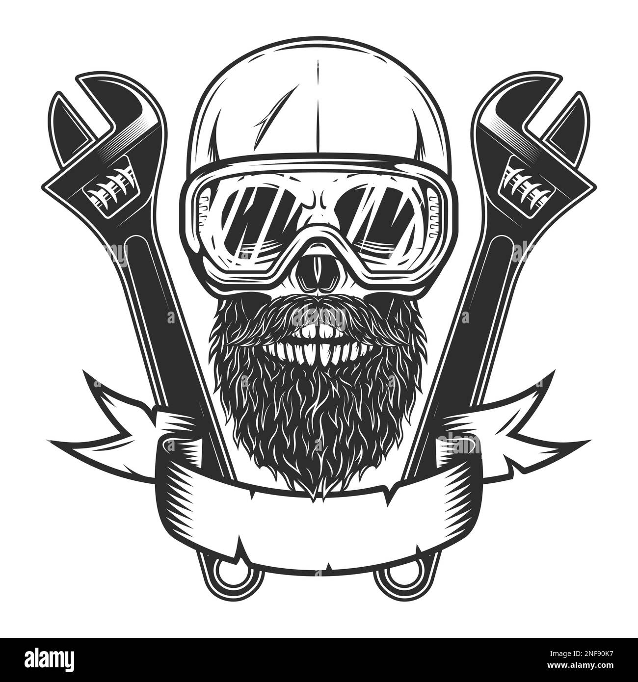 Cranio con baffi e barba in occhiali di sicurezza con chiave da costruzione per gas e builder tubature o carrozzeria utensile meccanico di riparazione chiavi Foto Stock