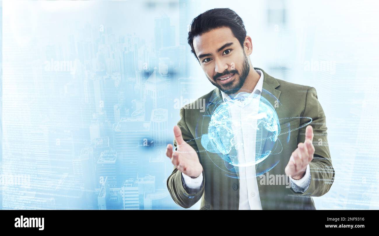 World, ai e overlay con un uomo d'affari che utilizza un'interfaccia ux per l'analisi globale dei dati. Metaverse, ologramma o 3D con un dipendente di sesso maschile alla ricerca di un Foto Stock