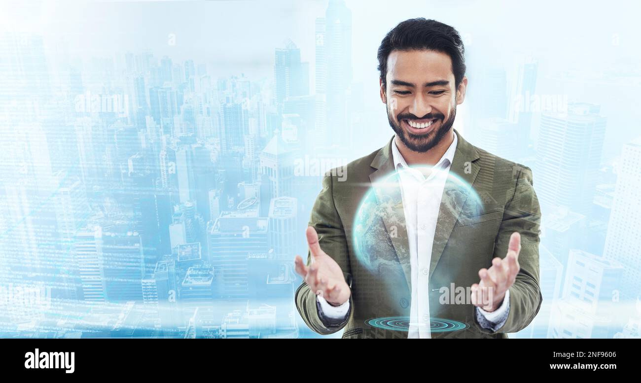 World, 3D e overlay con un uomo d'affari che utilizza un'interfaccia ux per l'analisi globale dei dati. Metaverse, ai o ologramma con un dipendente maschio che cerca a. Foto Stock