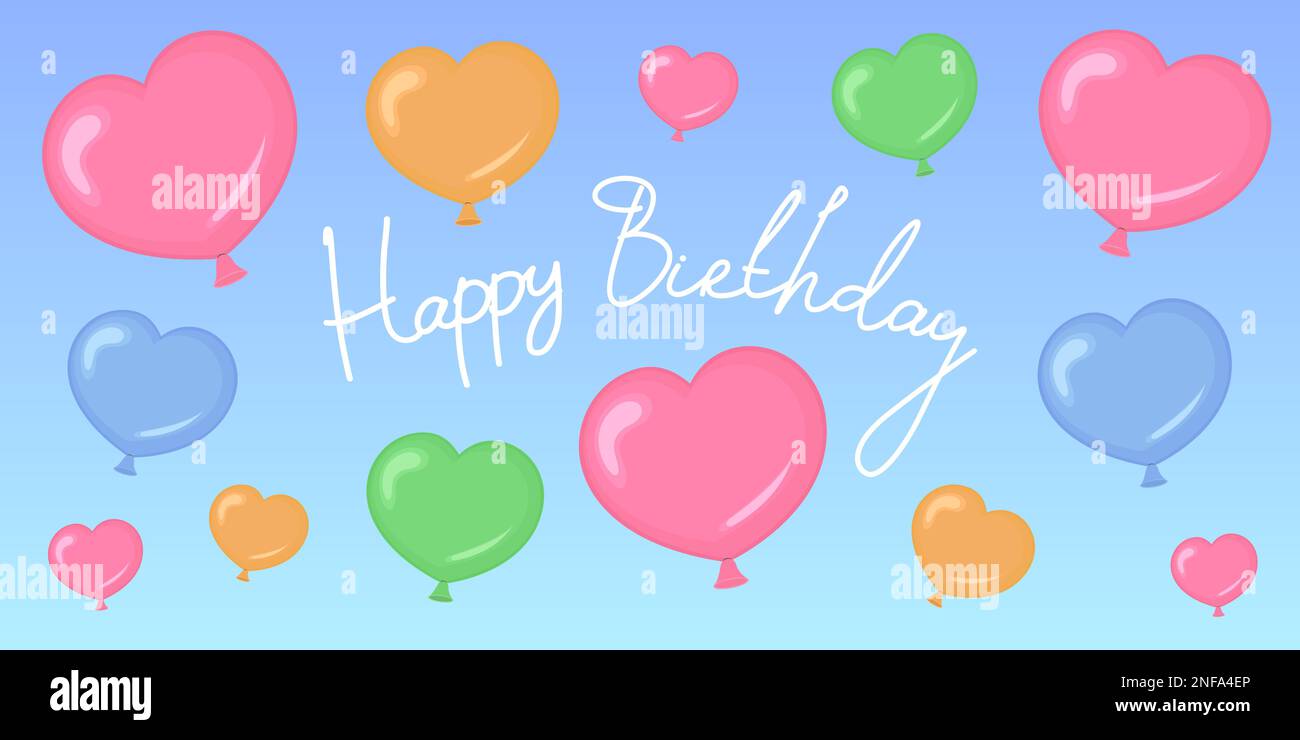 BUON COMPLEANNO con palloncini a forma di cuore. Illustrazione vettoriale. Illustrazione Vettoriale