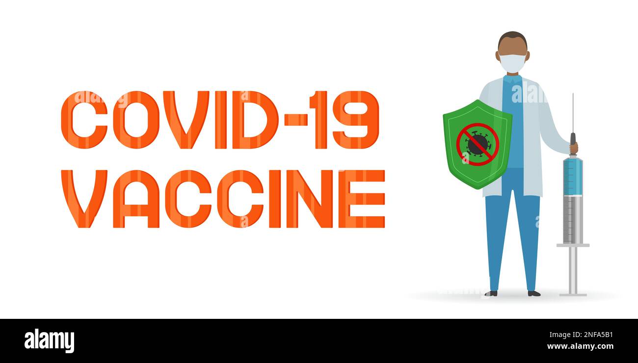 Vaccino COVID-19. Il medico tiene la siringa con il vaccino. Illustrazione vettoriale. Illustrazione Vettoriale