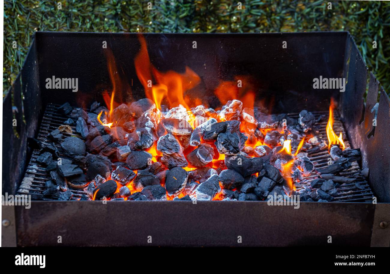 Carbone e brace che brucia a piena capacità al suo picco in un barbecue di metallo e fumo Foto Stock
