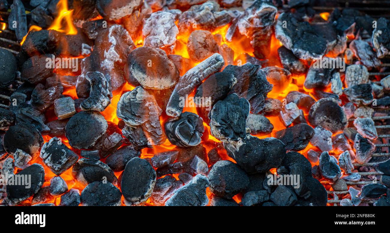 Carbone e brace che brucia a piena capacità al suo picco in un barbecue di metallo Foto Stock