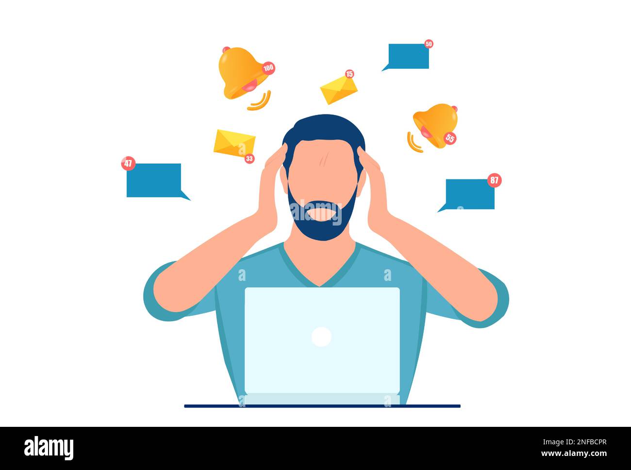 Vettore di un uomo stressato, dipendente infastidito da più notifiche, messaggi online, e-mail seduti in ufficio alla scrivania con il computer Illustrazione Vettoriale