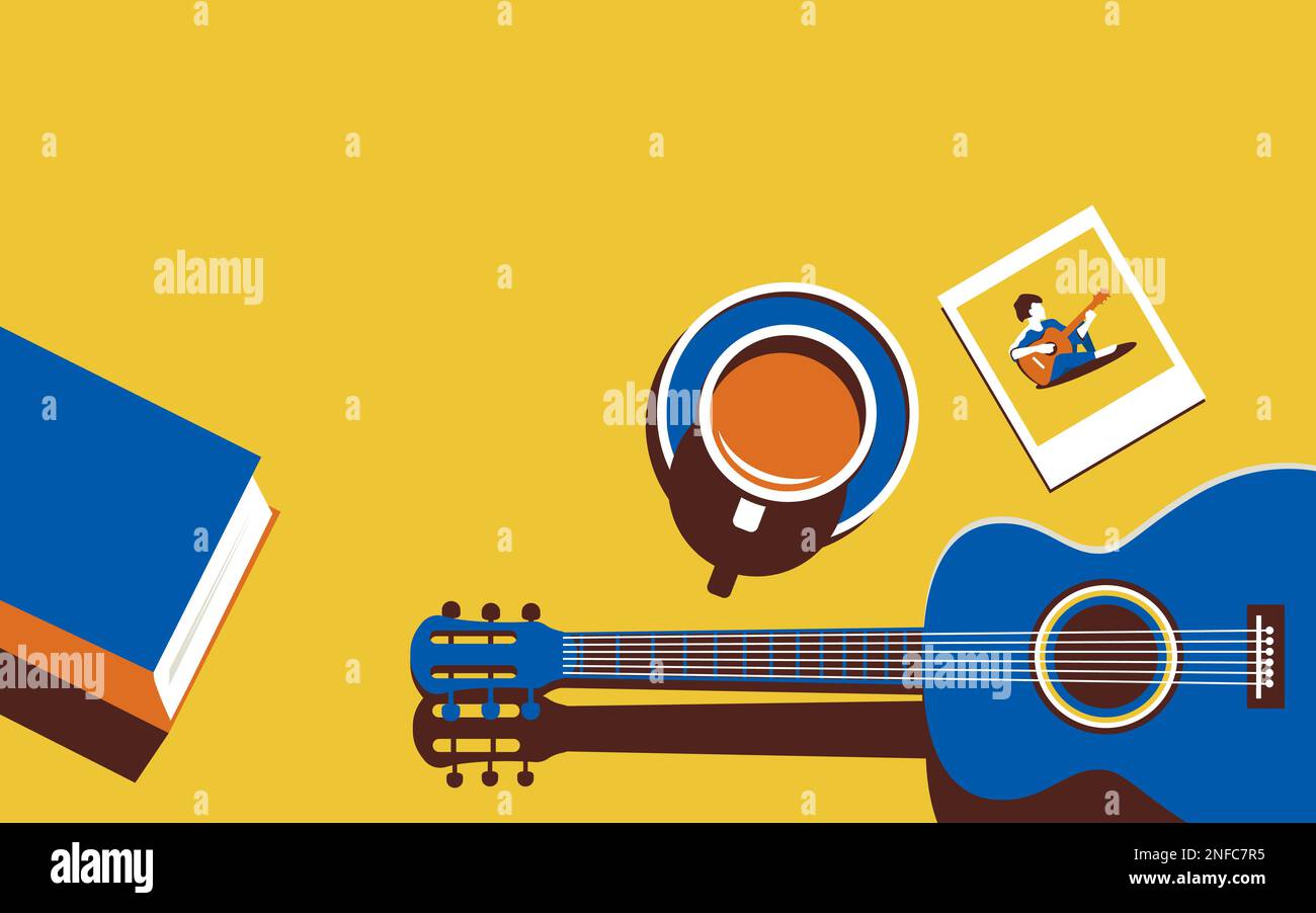 Illustrazione vettoriale di una chitarra e di altri elementi su sfondo giallo. Illustrazione minimalistica in colori alla moda. Concetto musicale o ricordi o. Illustrazione Vettoriale