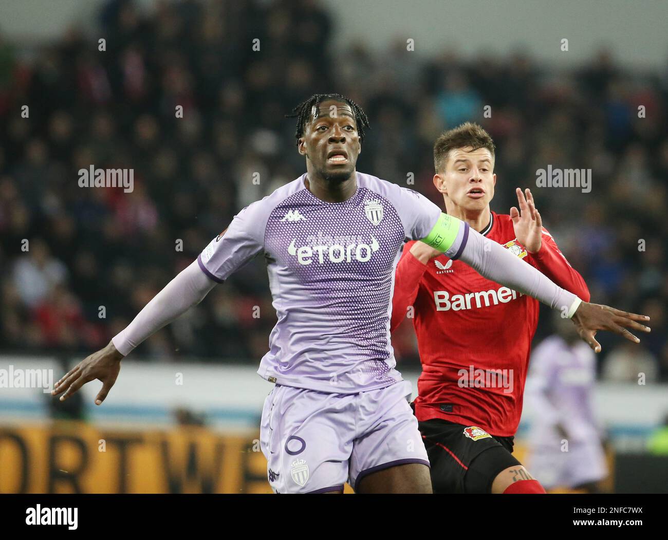 16 febbraio 2023, Roma, Germania: Axel Disasi di AS Monaco durante la UEFA  Europa League, Play-off, partita di calcio a 1st gambe tra Bayer Leverkusen  e AS Monaco il 16 febbraio 2023