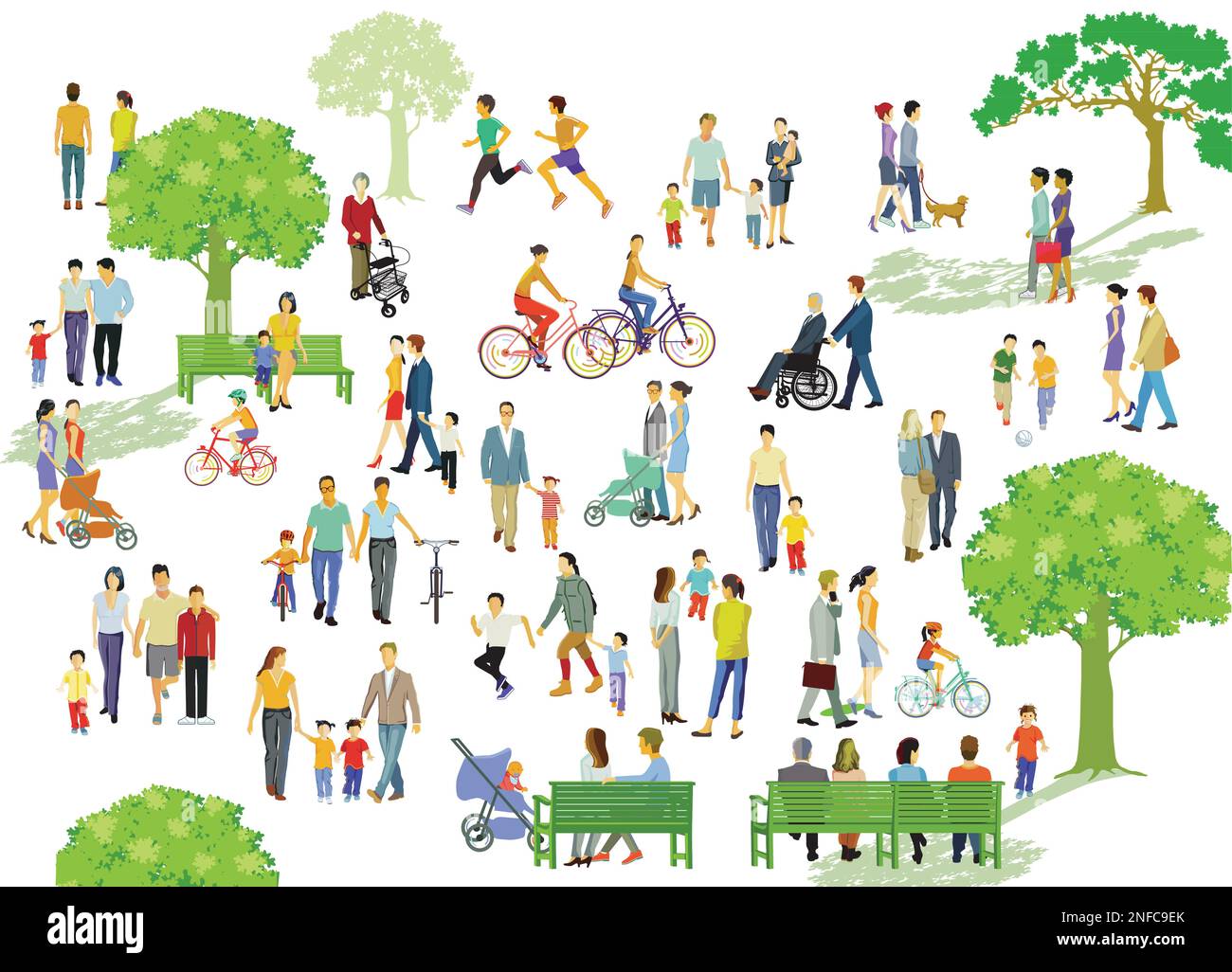 Ricreazione nel parco con le famiglie e altre persone, illustrazione Illustrazione Vettoriale