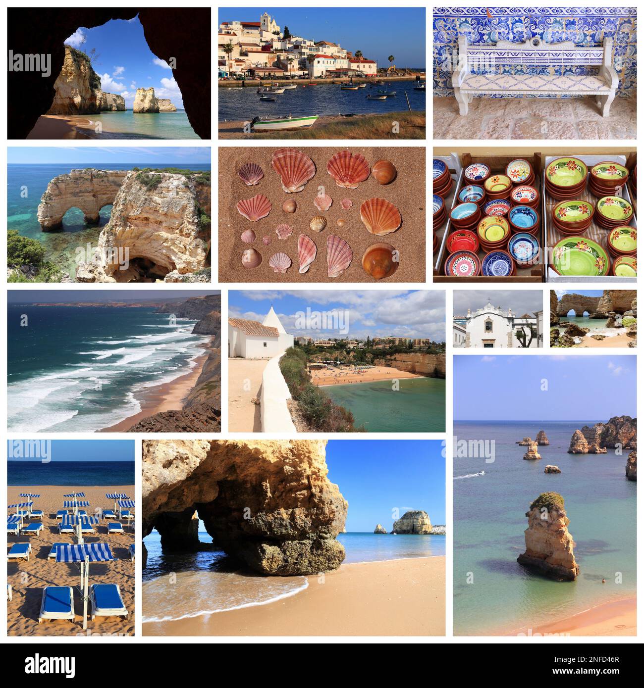 Collage fotografico in Algarve, Portogallo. Cartolina fotografica di viaggio Landmark da Algarve. Foto Stock