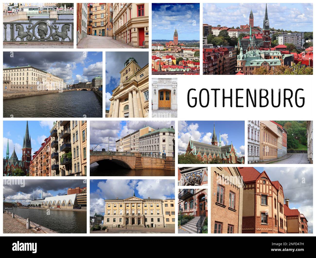 Cartolina della città di Gothenburg. Collage fotografico di luoghi di interesse turistico da Gothenburg, Svezia. Foto Stock