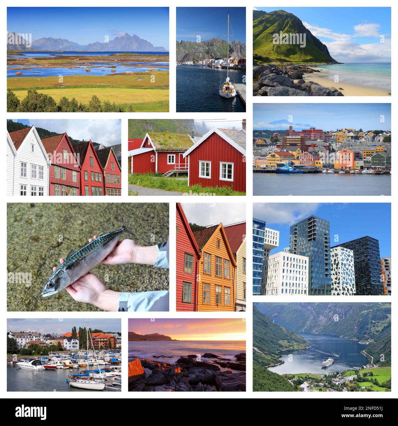 Collage fotografico norvegese - raccolta di viaggi con fiordi, Oslo, Bergen, Kristiansund e isole Lofoten. Foto Stock