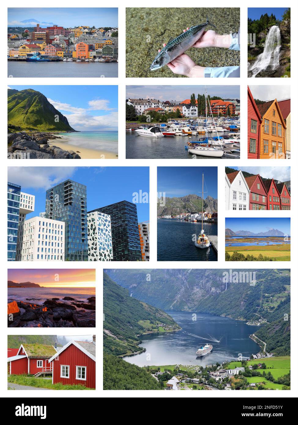 Collage fotografico norvegese - raccolta di viaggi con fiordi, Oslo, Bergen, Kristiansund e isole Lofoten. Foto Stock