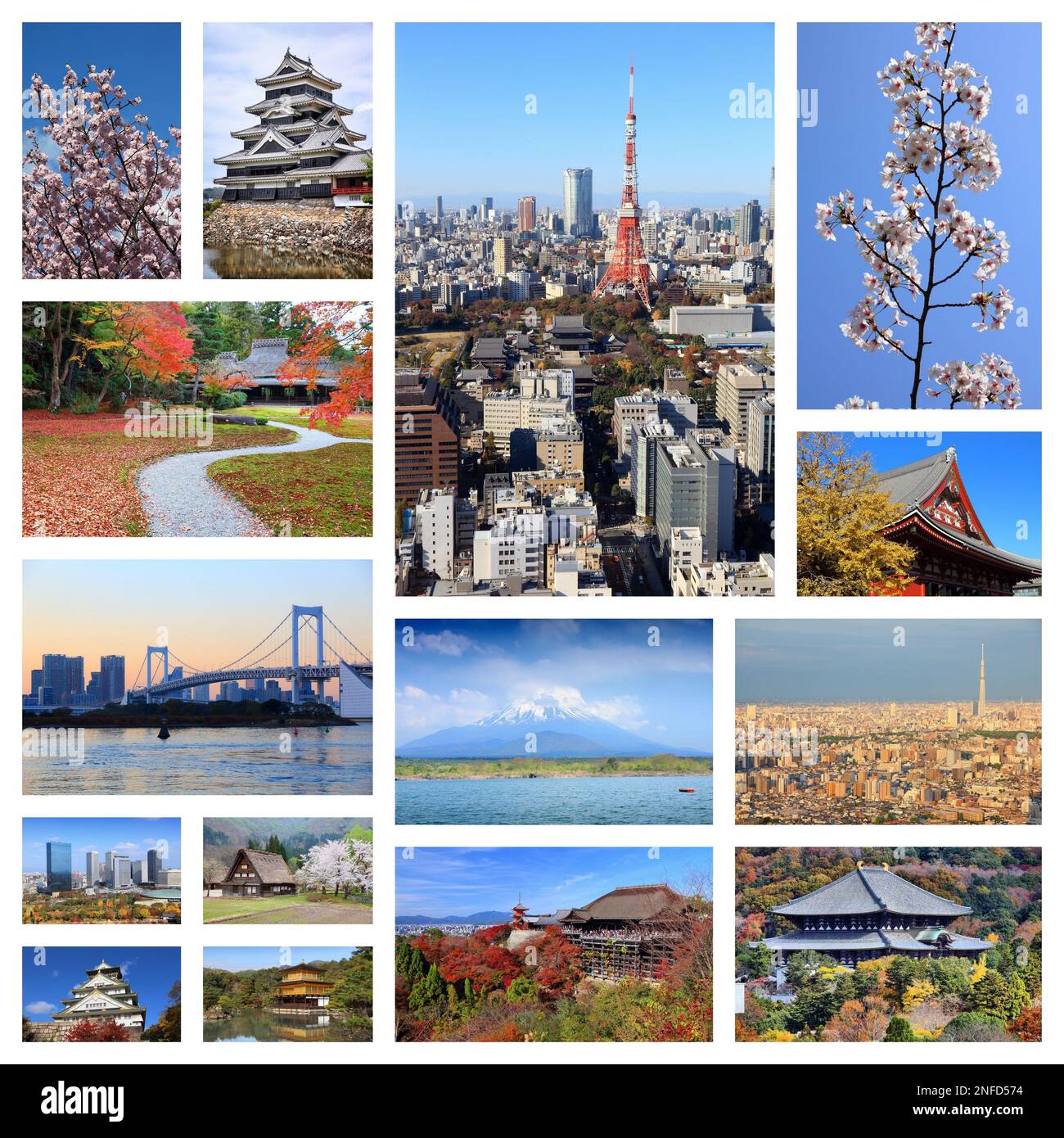 Collage dei punti di riferimento del Giappone - collezione di cartoline con Tokyo, Kyoto, Osaka, Monte Fuji e Nara. Foto Stock