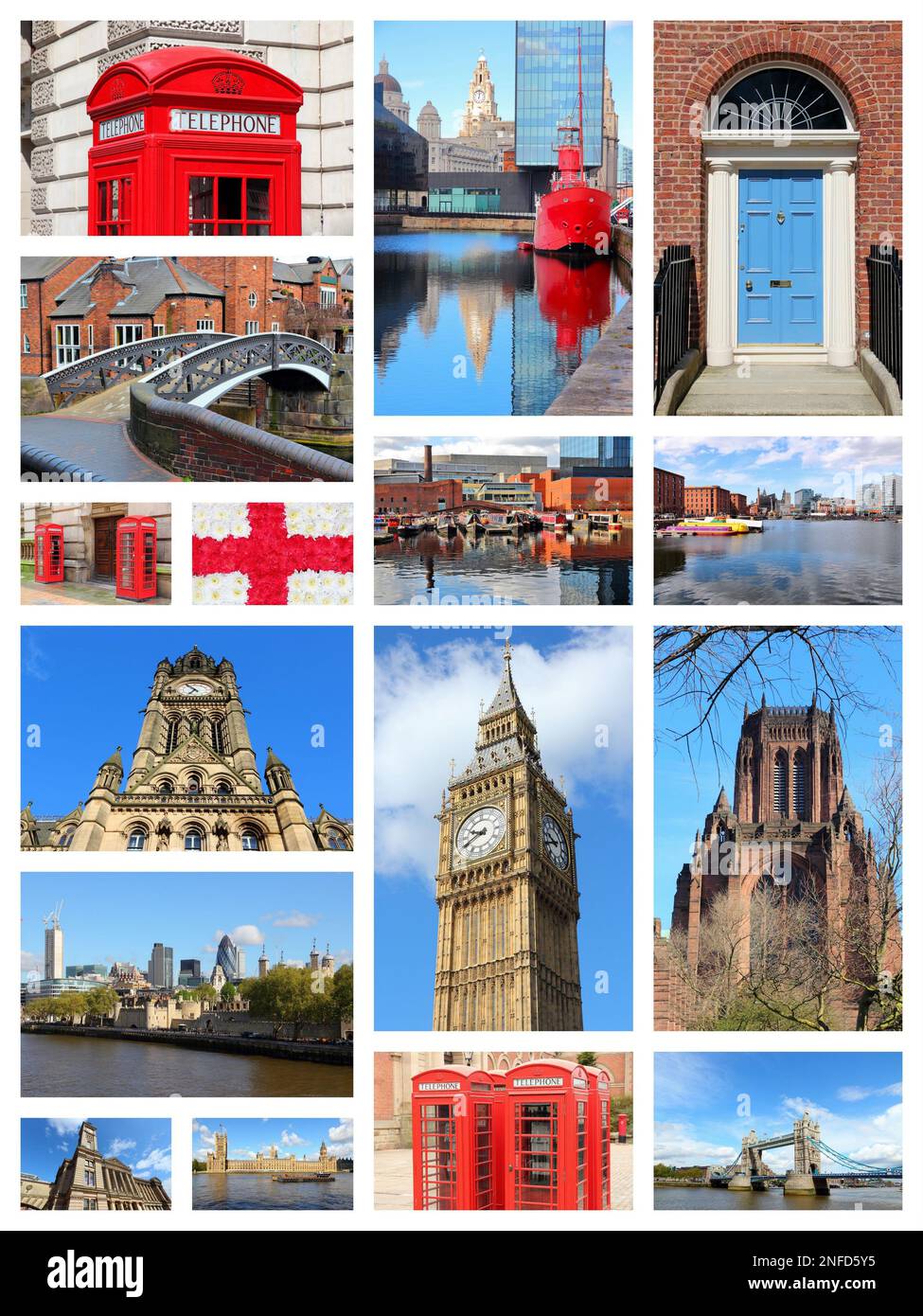 Inghilterra, Regno Unito colloca collage fotografico. Collage include le principali città come Londra, Birmingham, Manchester, Liverpool e Bolton. Foto Stock