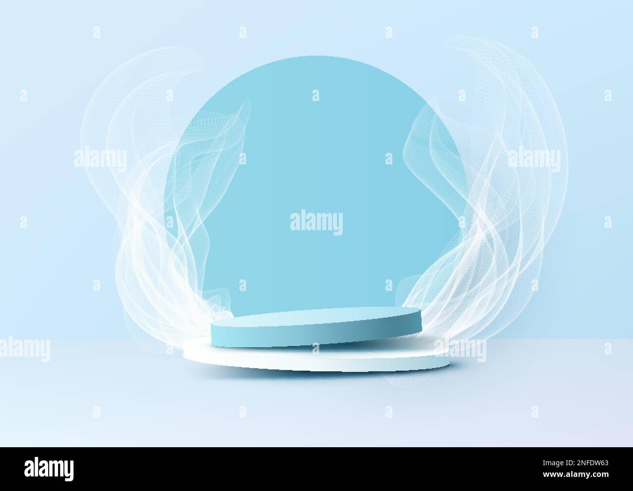 3D realistico podio bianco e blu vuoto piedistallo e decorazione a sfondo circolare con fumo su sfondo scenografico parete minimo. È possibile utilizzare per pr Illustrazione Vettoriale
