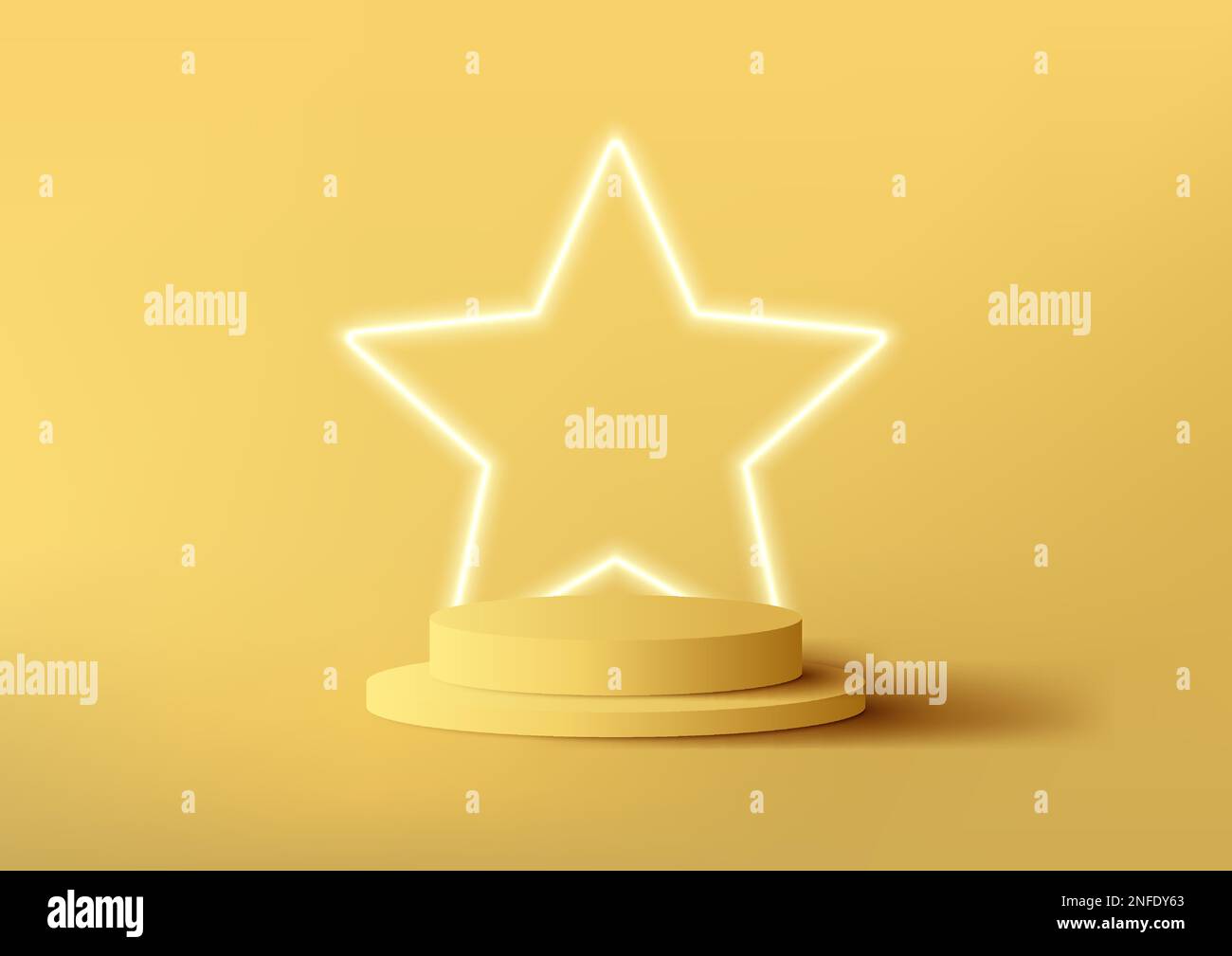 3D piedistallo da podio giallo realistico con illuminazione al neon a stella sfondo minimo sfondo scena parete. È possibile utilizzare per la promozione di presentazione del prodotto Illustrazione Vettoriale