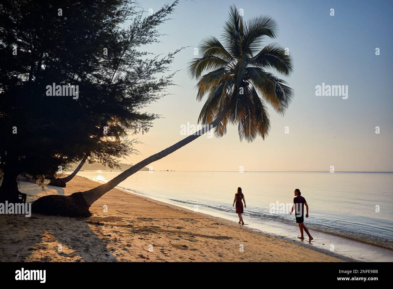 Felice coppia in silhouette sulla spiaggia tropicale vicino alla palma dell'isola di Phi Phi nel sud della Thailandia. Concetto di vacanza rivista di viaggi. Foto Stock