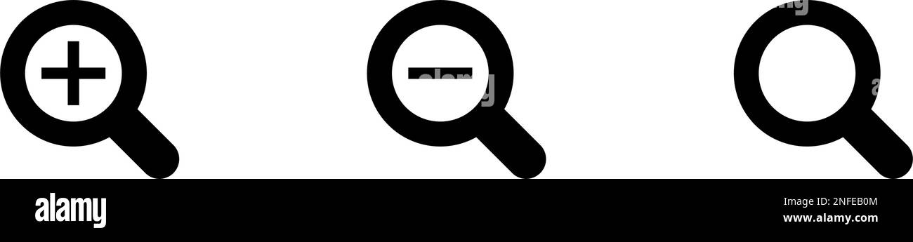 Zoom avanti e indietro e set di icone per la silhouette in vetro ingrandente. Vettore modificabile. Illustrazione Vettoriale