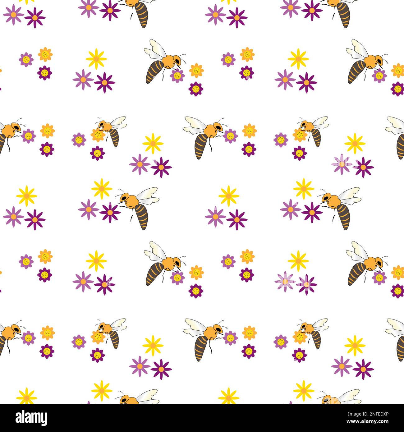 Motivo vettoriale senza cuciture di api e fiori su sfondo bianco. Disegno per tessuti per bambini. Illustrazione Vettoriale
