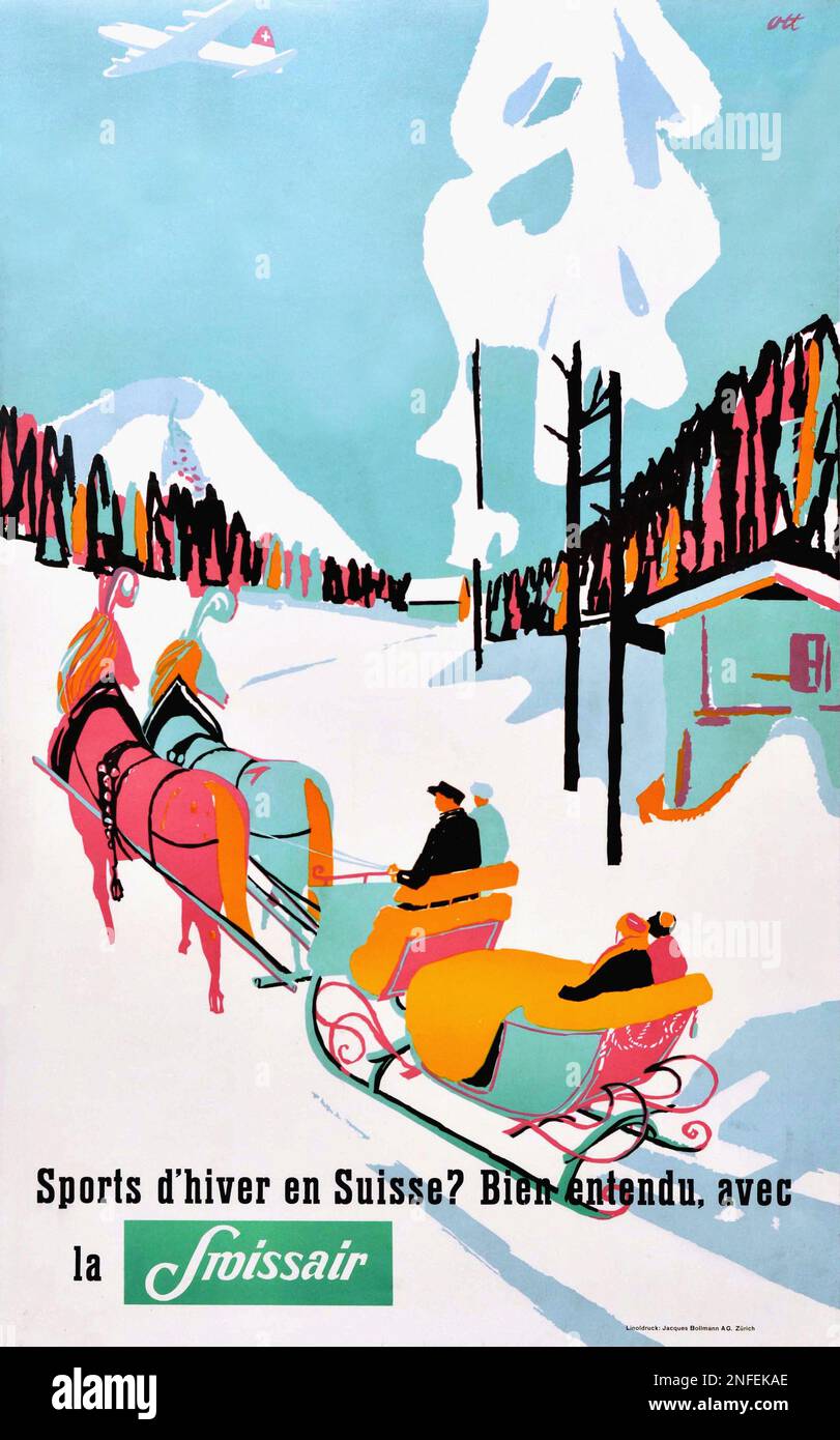 VINTAGE 1940s POSTER DI VIAGGIO Sport d'hiver en Suisse , Bien entendu avec la Swissair Foto Stock