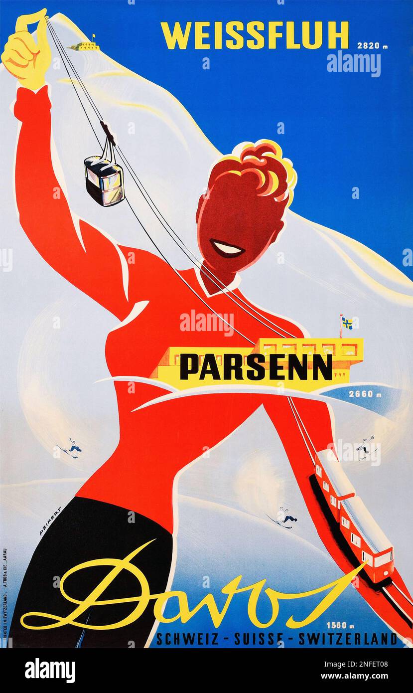 Poster svizzero d'epoca sugli sci - Weissfluh , DAVOS, Svizzera Foto Stock