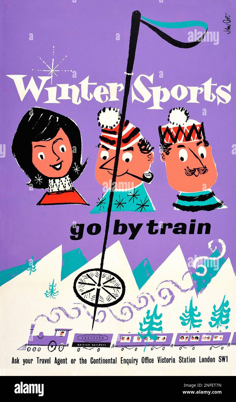 Poster Vintage Winter Sports Go by Train Travel. Foto Stock
