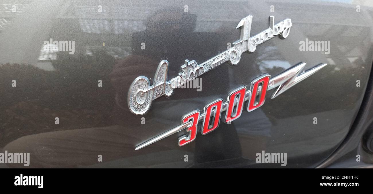 Austin Healey 3000 logo auto, mascotte auto, ornamento cofano, ornamento cofano, tappo radiatore, mascotte per motori, emblema per auto, Foto Stock