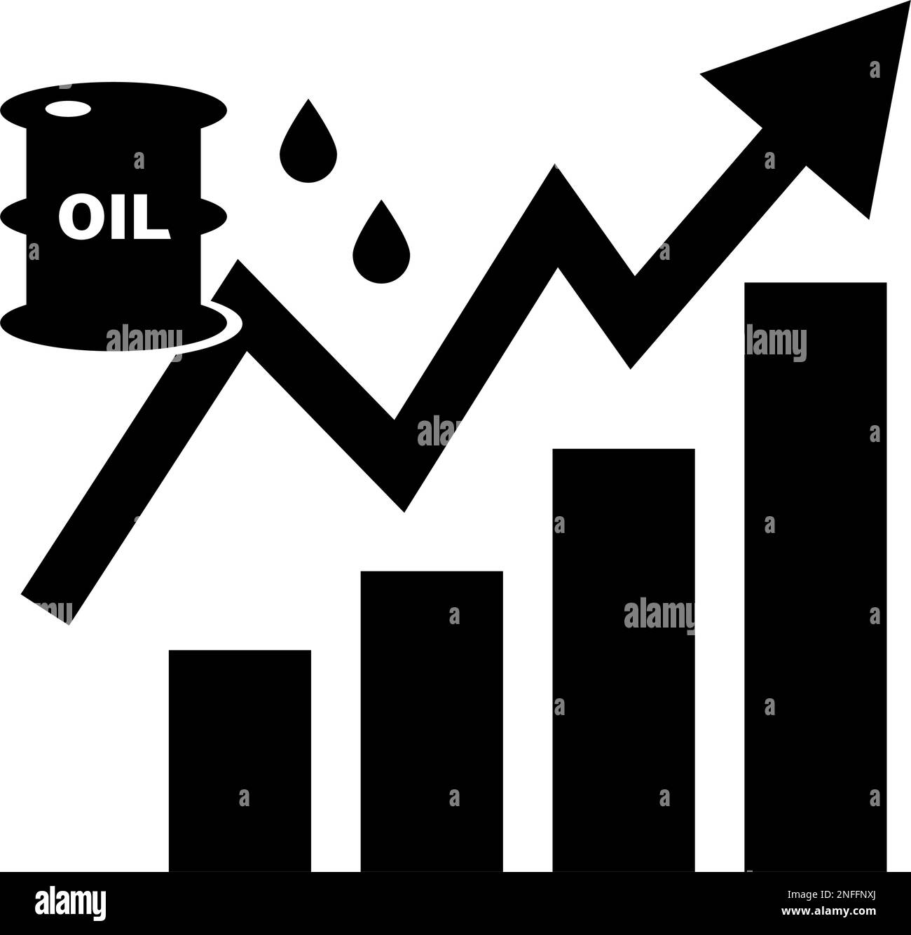 Aumento del prezzo grafico a barre silhouette icona del prezzo del petrolio o del petrolio. Vettore modificabile. Illustrazione Vettoriale