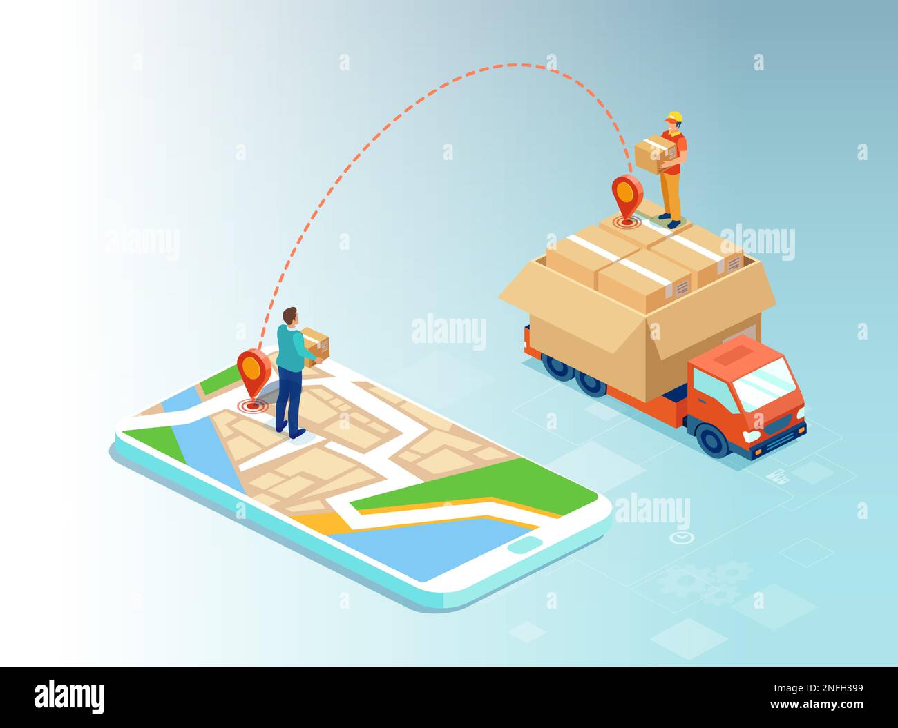 Concetto di shopping e consegna online. Vettore di un uomo che acquista online utilizzando l'app mobile e un prodotto che viene consegnato Illustrazione Vettoriale