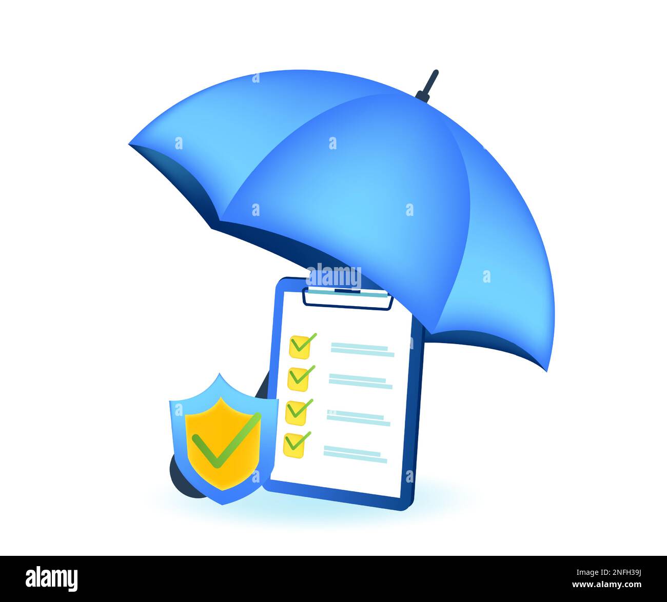 Business o concetto di assicurazione sanitaria. Vettore di una clipboard e di un modulo di richiesta con segni di spunta sotto l'ombrello Illustrazione Vettoriale