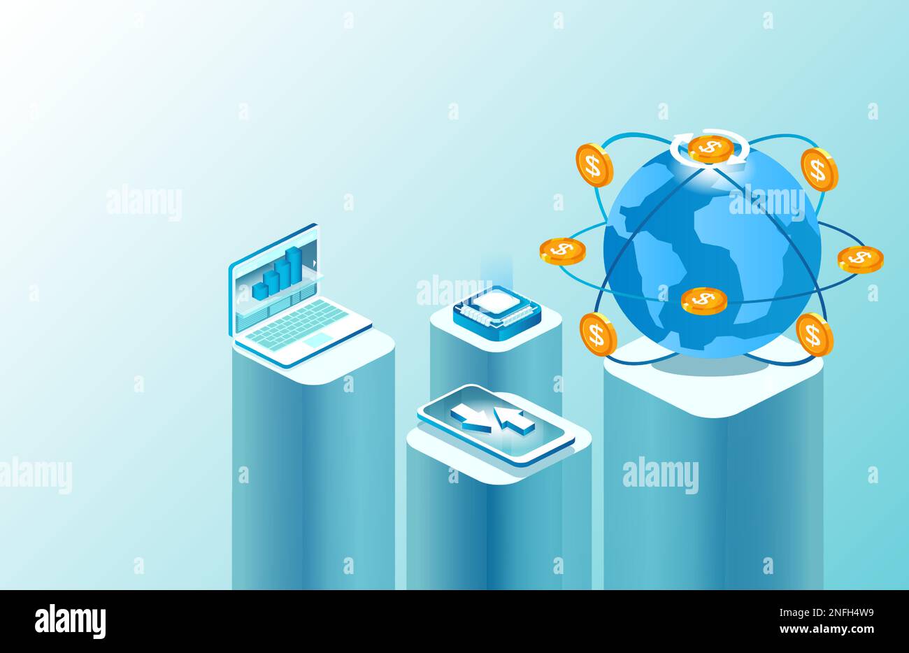 Scambio di denaro vettoriale isometrico, Global banking, credito, strumenti finanziari online, concetto di analisi dei dati di mercato Illustrazione Vettoriale