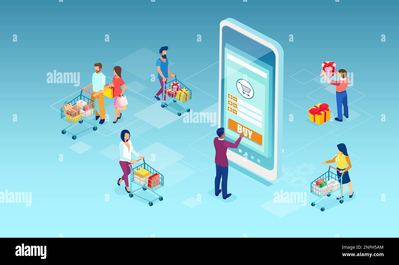 Vettore isometrico delle persone che acquistano online utilizzando la tecnologia delle app mobili Illustrazione Vettoriale