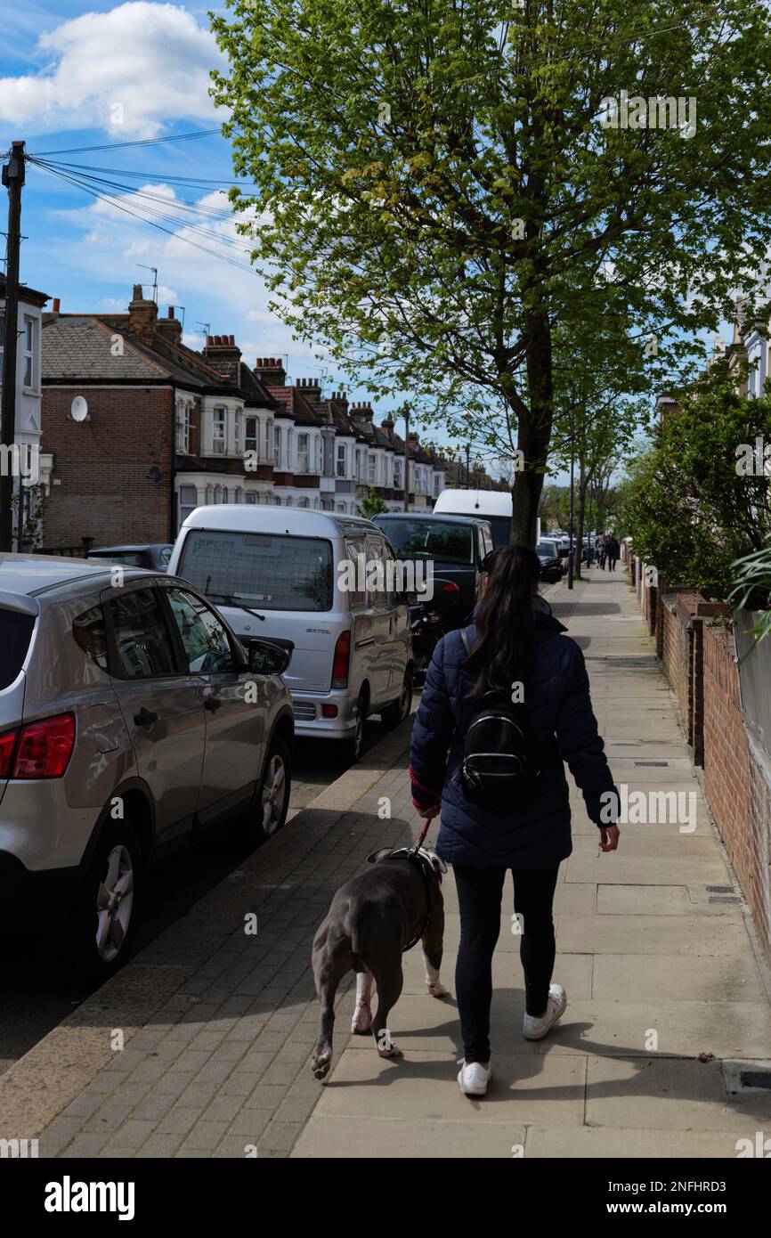 Londra - 04 18 2022: Torna indietro ragazza che cammina il suo cane su Chapter Rd nel quartiere di Cricklewood Foto Stock