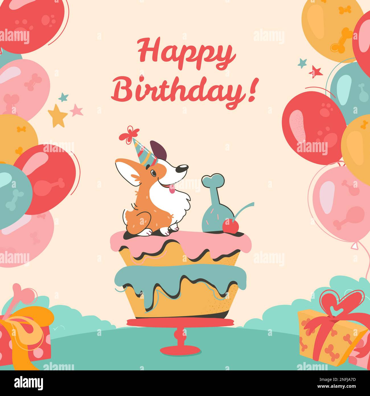 Cartolina vettoriale in stile cartoon,.con un'iscrizione festiva. Auguri di buon compleanno con corgi divertenti. Accanto al cucciolo si trova una torta, palloncini multicolore, coriandoli su sfondo chiaro. Illustrazione Vettoriale