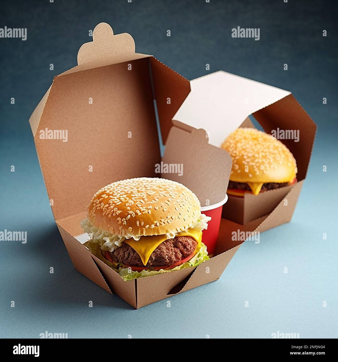 Cibo di strada. Hamburger con polpette in scatole di carta. consegna di cibo. Foto Stock