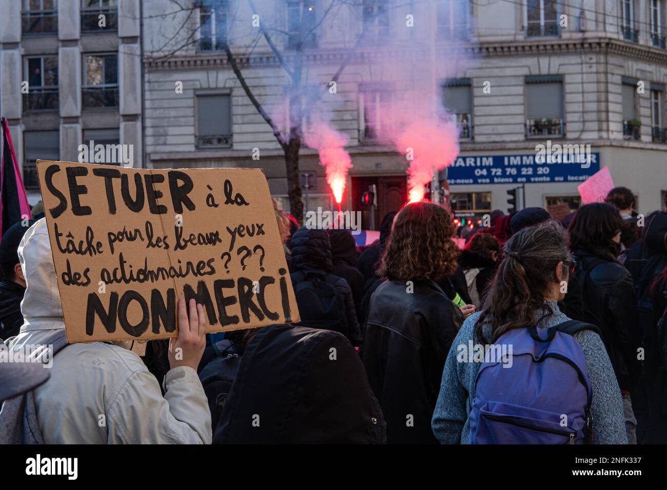 Francia, Lione, 2023-02-16. Manifestazione contro la riforma delle pensioni. Fotografia di Franck CHAPOLARD. Foto Stock