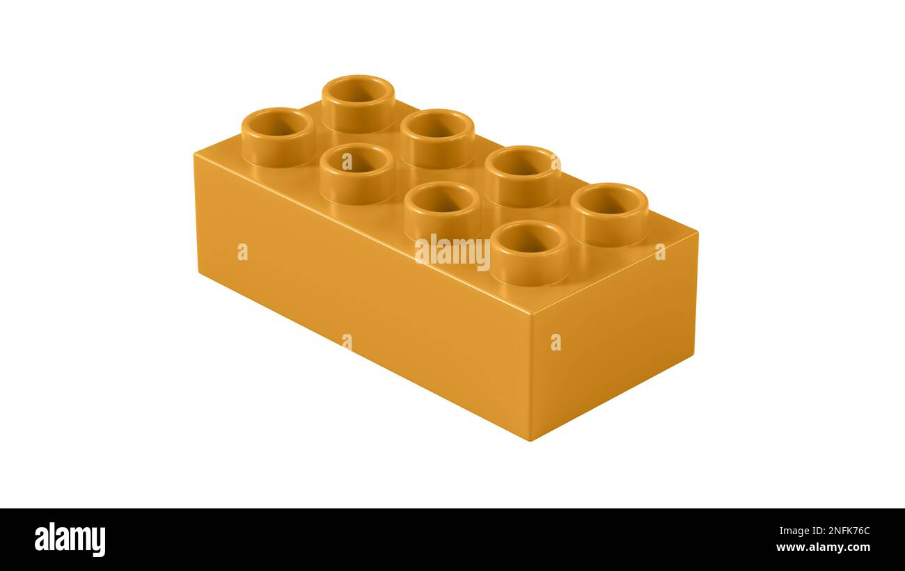 Blocco Lego in plastica arancione dorato isolato su sfondo bianco. Mattone giocattolo per bambini, vista prospettica. Vista ravvicinata di un blocco di gioco per i costruttori. Illustrazione 3D. Ultra HD 8K, 7680x4320, 300 dpi Foto Stock