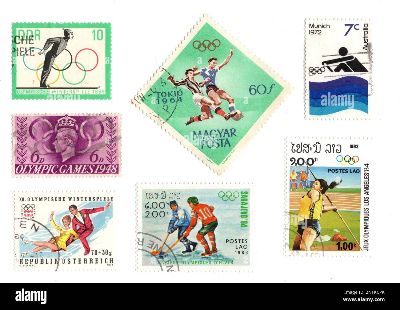 Francobolli vintage da tutto il mondo con i Giochi Olimpici. Foto Stock