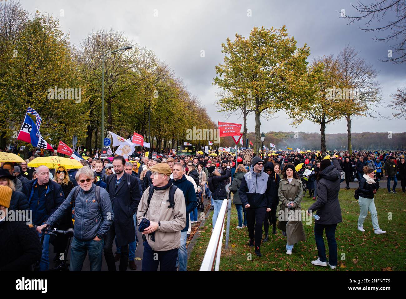 07 novembre 2021, l'Aia, Paesi Bassi, Malieveld, protesta contro le misure governative per prevenire le infezioni da COVID-19 Foto Stock