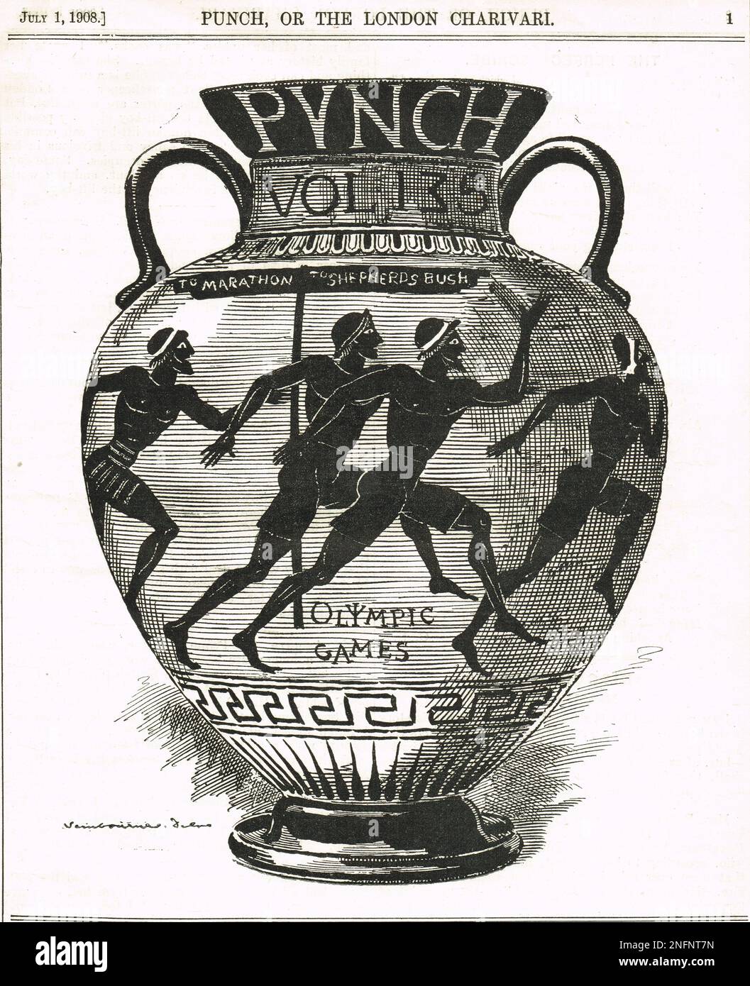 Olimpiadi di Londra del 1908. Cartoon punch di Edward Linley Sambourne del 1908 che mostra runner greci classici che corrono da Marathon a Shepherds Bush, raffigurati su un'urna greca classica. Foto Stock