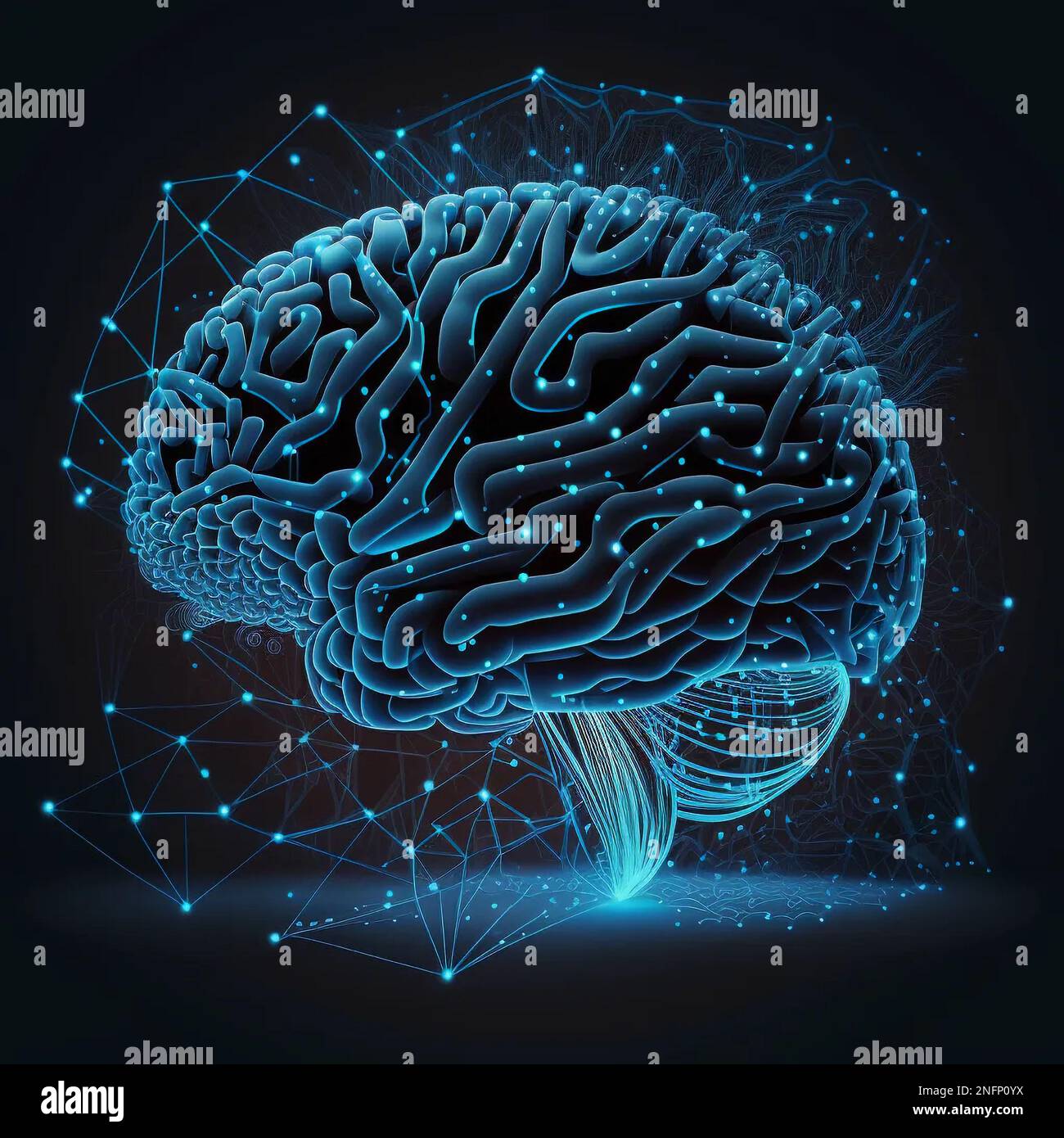 Cervello umano poligonale astratto. Rete neurale. Intelligenza artificiale. Bassa rete in filo di polietilene su sfondo blu. Linee e punti. Foto di alta qualità Foto Stock