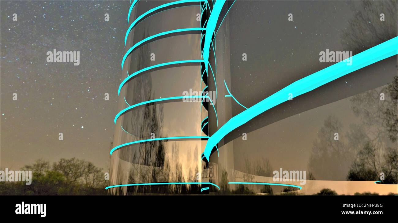 Cime degli alberi vecchi contro il cielo stellato di notte che si riflette nella facciata di vetro dell'edificio di appartamenti di lusso. rendering 3d. Foto Stock
