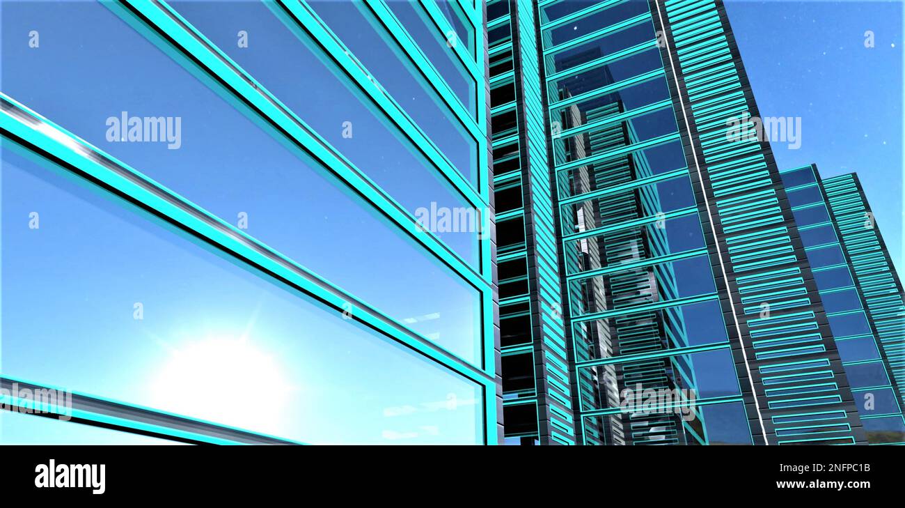 Attraente esterno del centro di intrattenimento commerciale di recente costruzione con linee LED turchesi parallele sulla facciata in vetro. Stelle nel blu sk Foto Stock