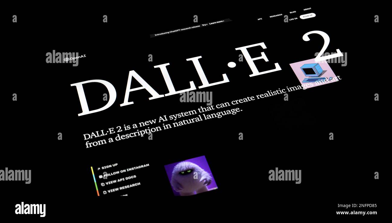 Uno screenshot del sito web per DALL-e 2 lo strumento di intelligenza artificiale per generare immagini da prompt di OpenAI Foto Stock